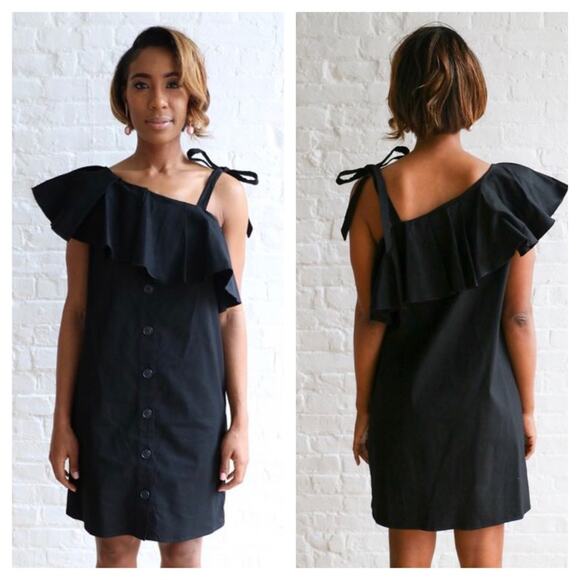 Sea New York Dresses & Skirts - Sea NY Black Ruffle Off Shoulder Mini Dress Small Button Loose Linen Shirtdress